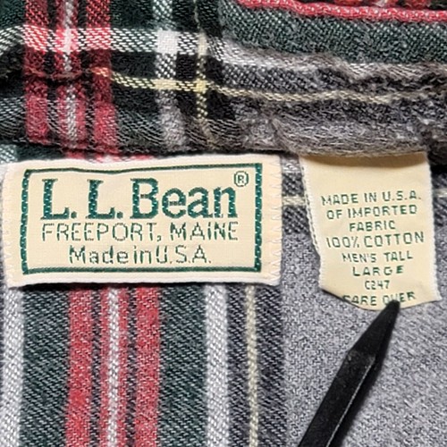 Vintage LL Bean Flannel Plaid Men's Sz Large Tall Red Gray USA Made Stains Hole - Picture 13 of 16