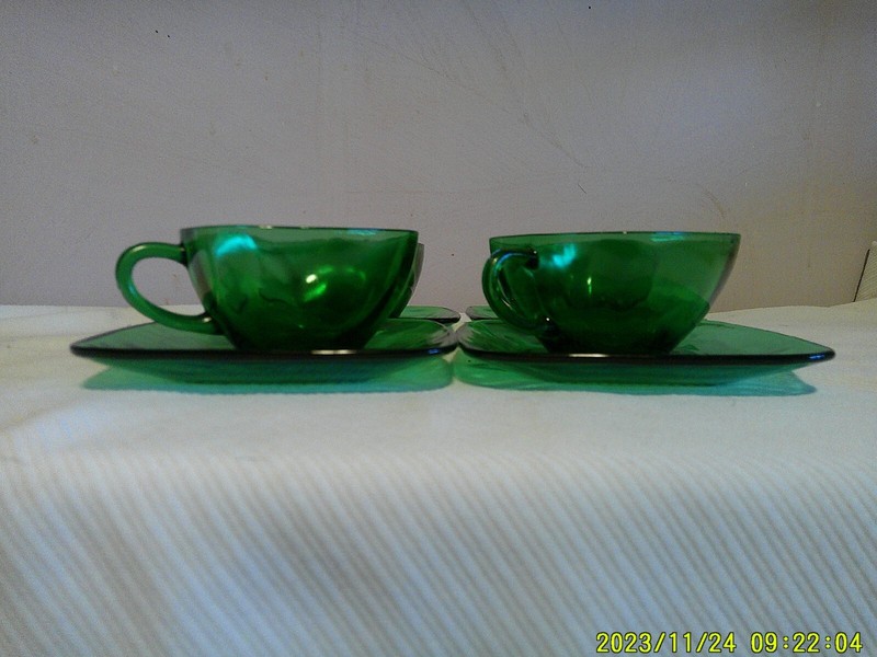 4 Square Charm Forest Green Depression Glass Cup and Saucer Tea Set