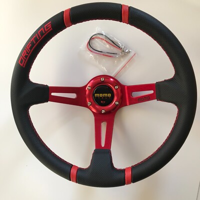Universal 350mm Red Stitch PVC Leather Deep Disc Steering Wheel Fit  OMP ND SPC