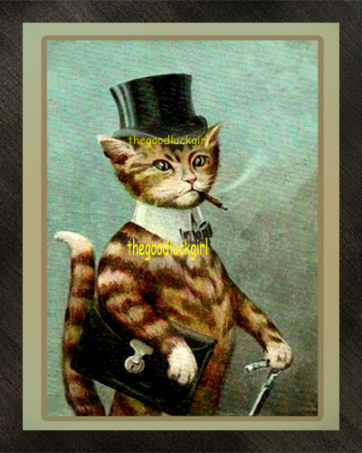 STEAM PUNK TABBY CAT w/Top Hat, Walking Stick+ 8x10 vintage Postcard art print-image