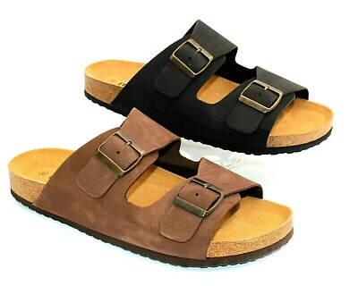 Echtleder Herren Pantoletten Nubuk Leder Sandalen Korksohle Fußbett Hausschuhe