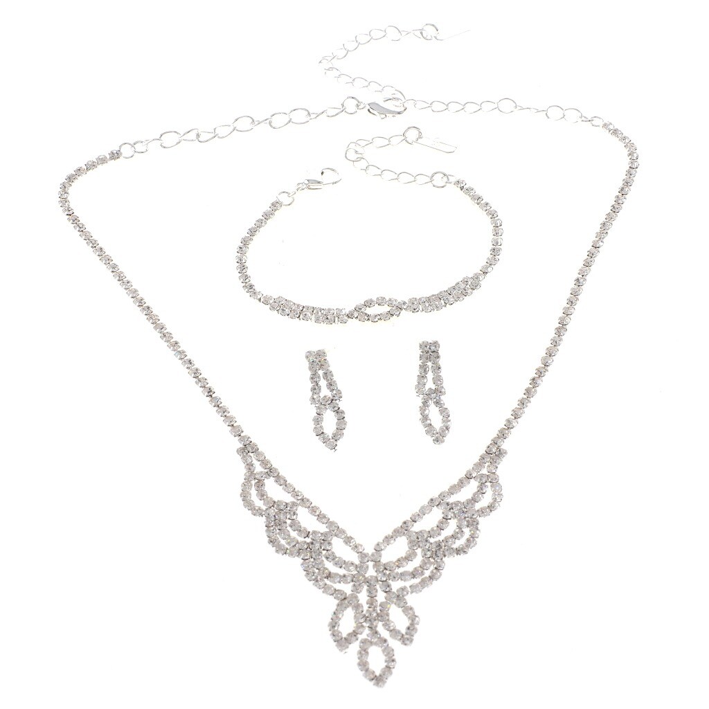 Silver Tone Metal Rhinestone Necklace Earring Bracelet Set S19232