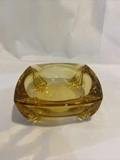 Vintage Retro Light Amber 4" Square Footed Raised Glass Ashtray 