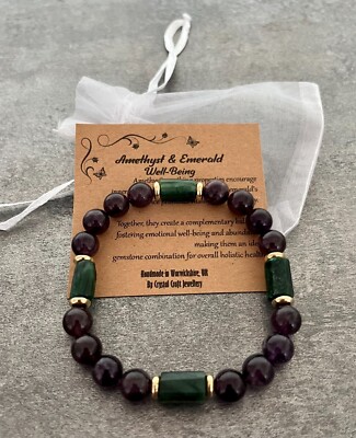 AMETHYST & SMARAGD Stretch Armband Handarbeit Kristall Edelstein zum Wohlbefinden