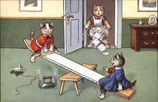 Cat Fantasy Kitty Cats Iron Board Seesaw Teeter Totter Vintage Postcard
