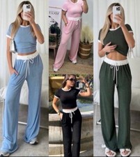 Womens Tracksuit Ladies Short Sleeve Border Crop Top Trouser 2 piece Co ord set