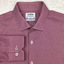 T.M. Lewin Dress Shirt Mens 17.5 Red Micro-Check Fitted Non Iron Long Sleeves
