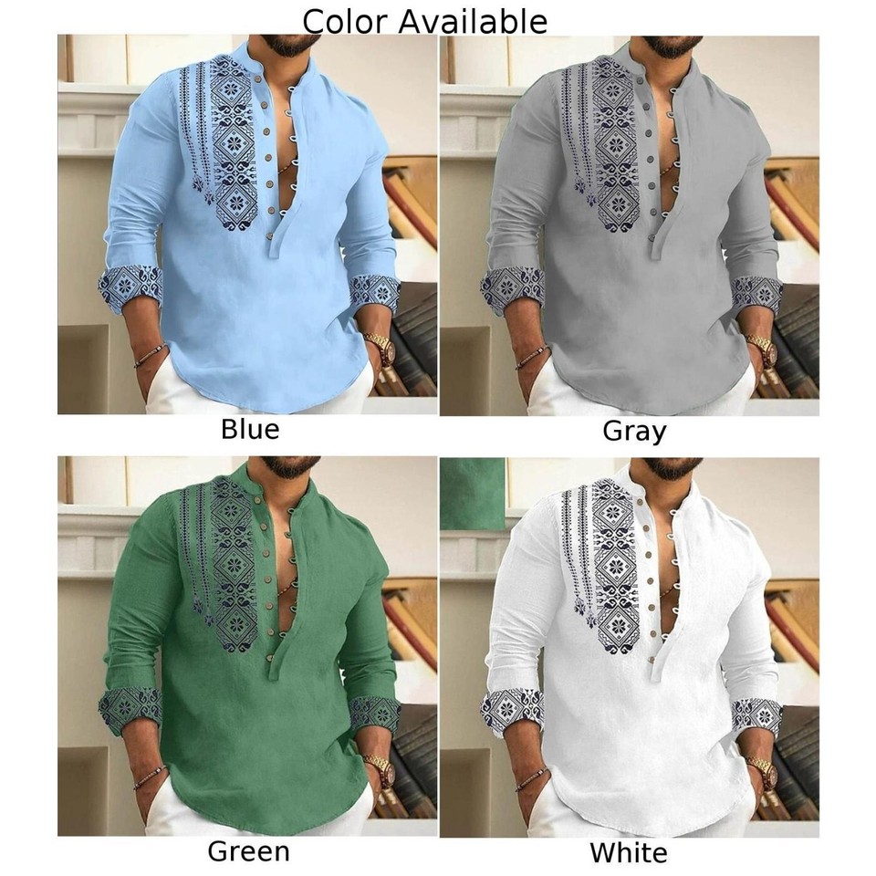 Fashionable Men's Loose Fit Long Sleeve Beach T Shirts Henley V Neck