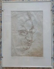 Disegno Ritratto Di Lorenzo Viani Con Dedica di Krimer Per Mario Puccini 