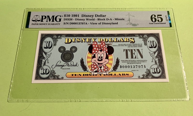 PMG Graded $10 1991 Disney Dollar Block D-A Minnie Gem UNC 65EPQ