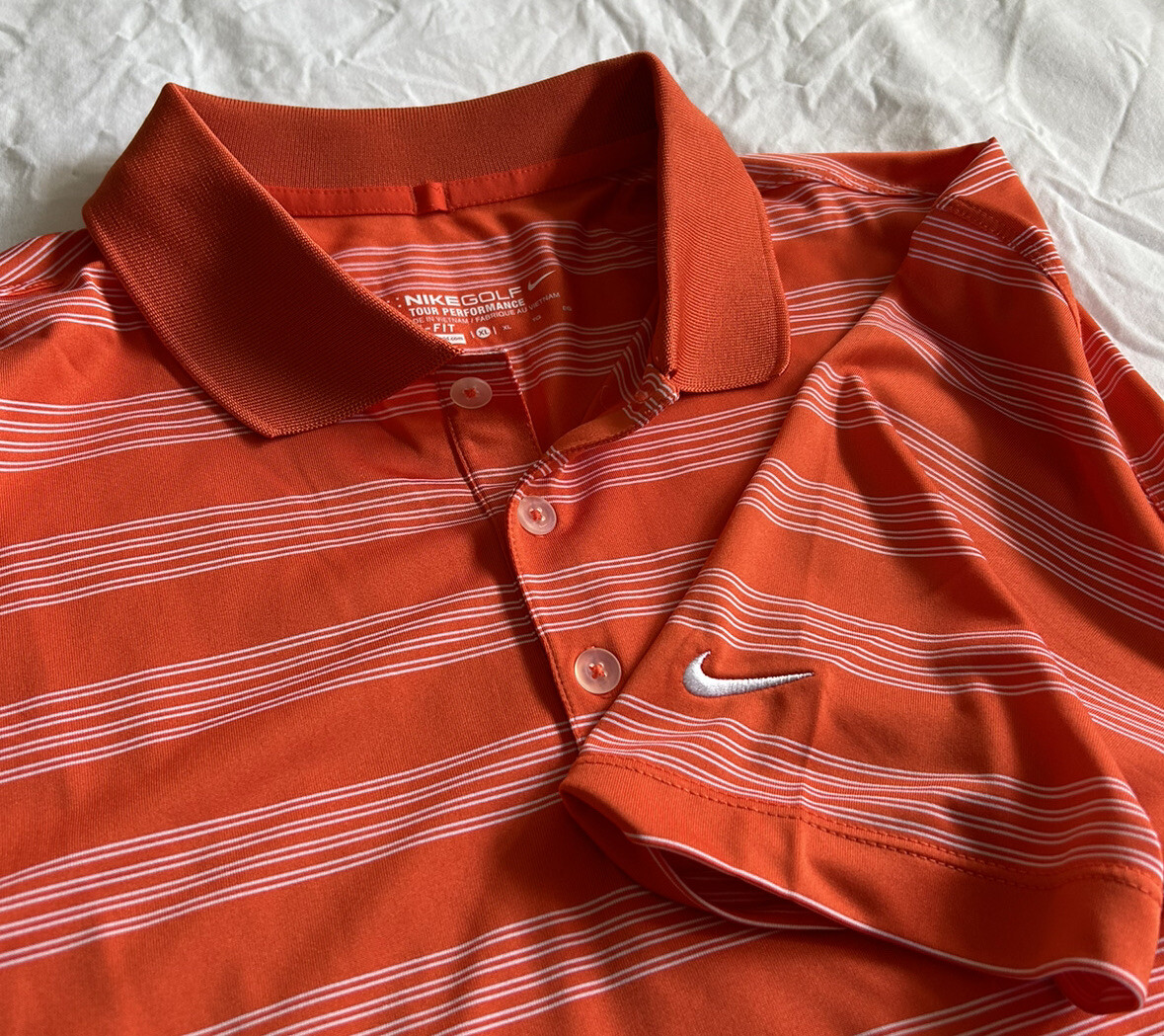 NIKE TOUR PERFORMANCE Orange White Striped Polo Shirt Dri-Fit Size XL