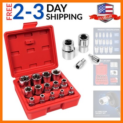 14-Piece E-Torx Star Socket Set, 1/4'' 3/8'' 1/2'' Drive, E4 to E24 External Tor...