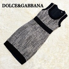 D&G Dolce & Gabbana Sleeveless U-Neck Tweed Knit Docking Dress Gray/Black 40
