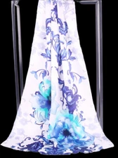 100% Silk mulberry Scarf Women neckerchief Shawl Wrap floral navy blue MY118
