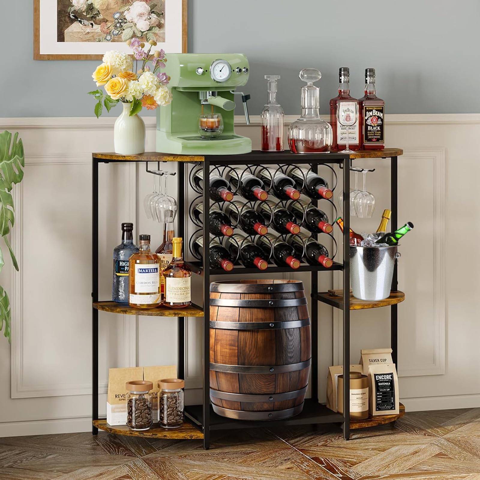 Wine Bar Cabinet, Liquor Cabinet Bar Table with Lights and 4-Tier Storage Fre...