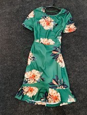 SHEIN Green Floral Ruffle Lace-Up Back Knee Length Dress Short Sleeve M