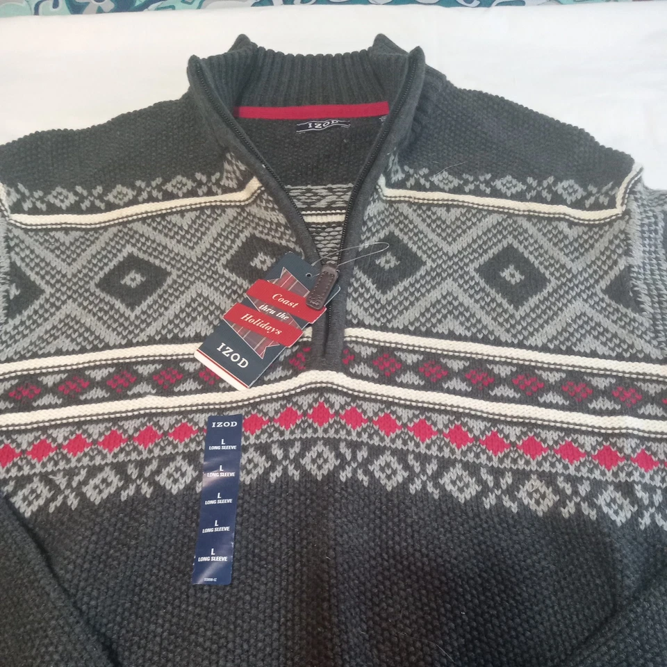 Suéter IZOD 1/4 Cremallera Fair Isle Multi Gris Vacaciones Esquí Lodge Diseño Nórdico Foto 2 de 4