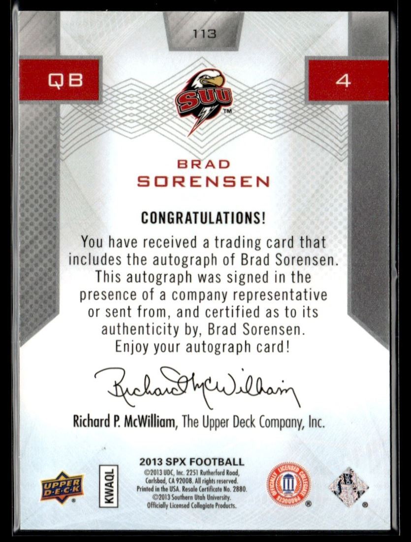 2013 SPx Brad Sorensen RC Auto 084/299 Southern Utah Thunderbirds #113