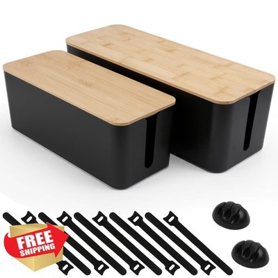 TuweChen Cable Management Box Wood Lid Black