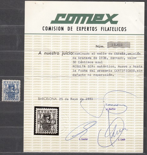 España Estado Español 1936 Edifil 801 ** Mnh Granada - Certificado Comex