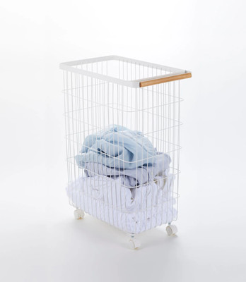 Yamazaki Home Laundry Rolling Wire Basket (24'' H) - Steel + Wood