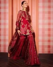 Beautiful Maroon Soft Organza Top Palazzo With Dupatta For Functional Wear