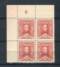 Australia KGV 1930 Stuart 1.5d scarlet SG117 MLH Plate 6 block of 4, toned perf