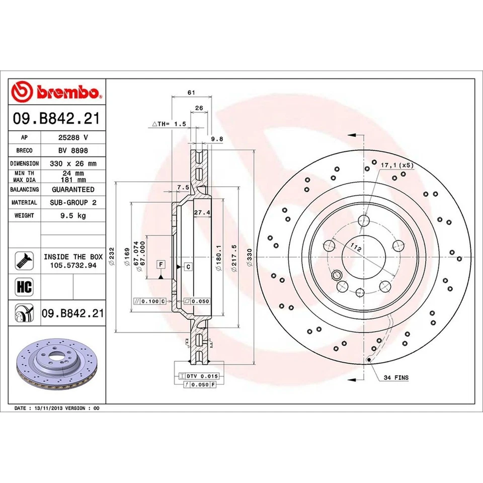 Rotor de freno de disco Brembo 09.B842.21 para 03-06 Mercedes-Benz CL55 AMG S55 AMG Foto 3 de 4