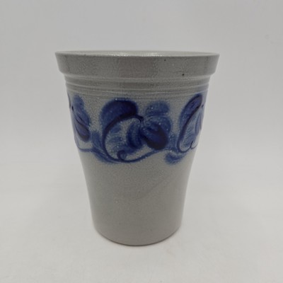 Vintage 1999 David ELDRETH Pottery Utensil Crock Blue Floral Leaf Pattern