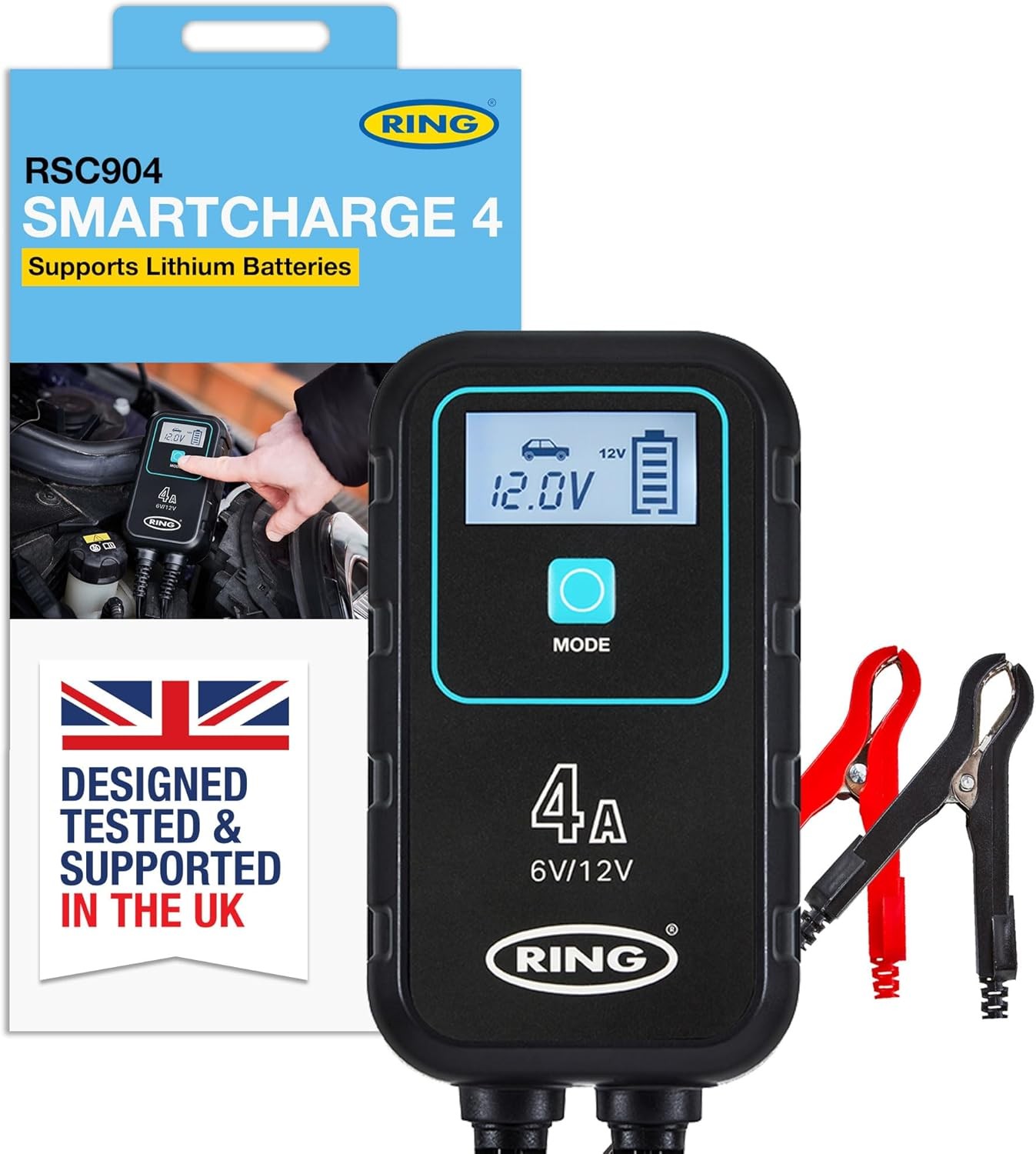 RING SMARTCHARGE 4A Car Charger & Maintainer With Crocodile Clips & Built-In Ha