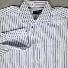 David Donahue Shirt Mens 17.5 Blue Stripe French Cuff Dress Button Up