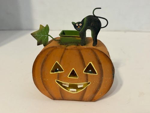 Vintage Pumpkin Jack O Lantern Tea Light Candle Holder With Black Cat On Top