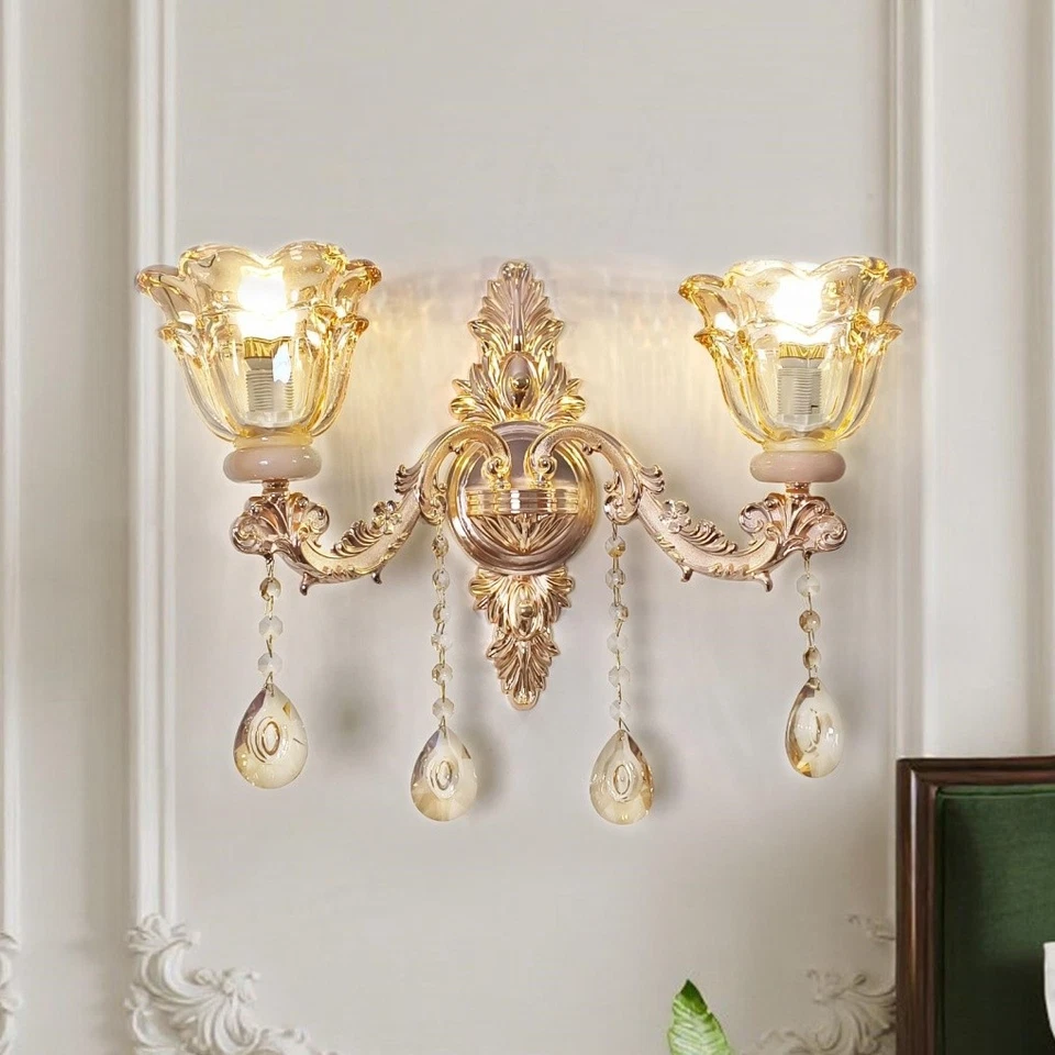 Apliques de pared vintage de cristal dorado lámpara interior dormitorio sala decoración Foto 2 de 4