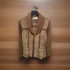 Vintage 1970s suede and crochet bohemian cardigan with shawl collar. Size L