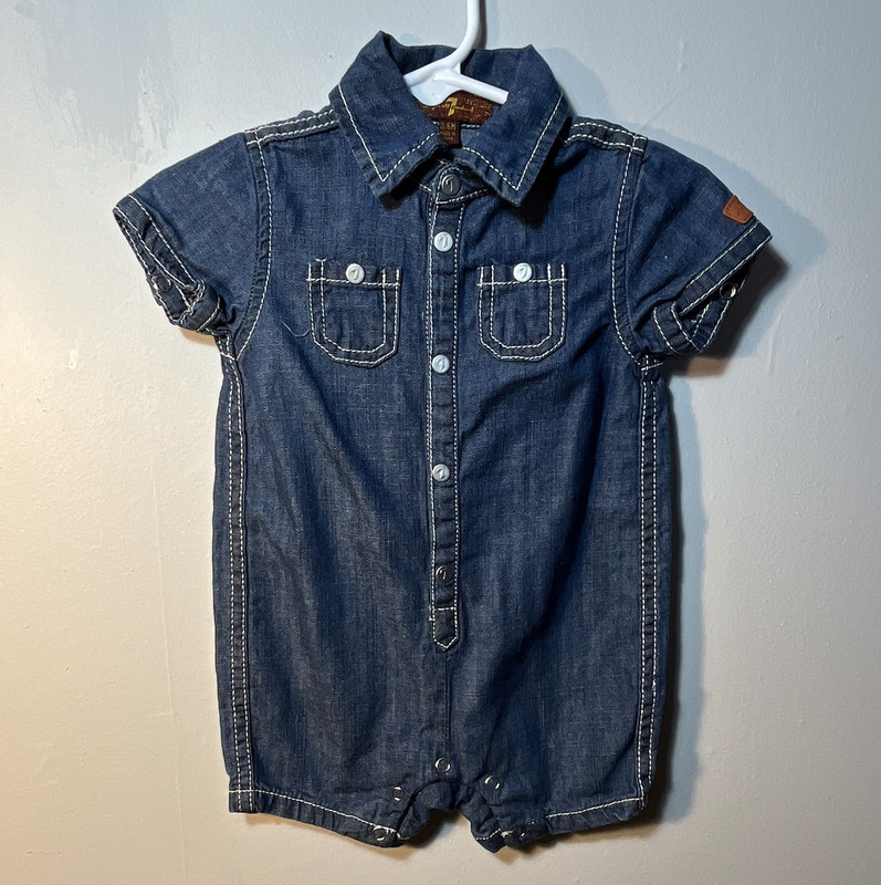 7 For All Mankind Blue Denim Short Sleeve Collared Button Front Romper 3-6M