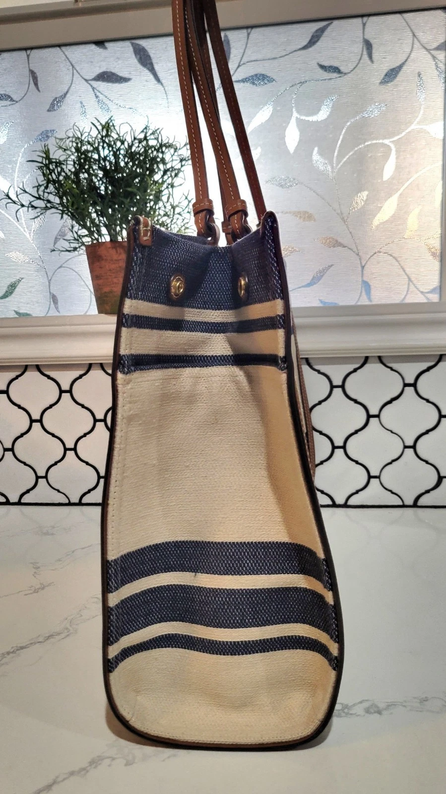 Borsa tote Ella Tory Burch nuova senza etichette in tessuto con bordo in pelle 17x13