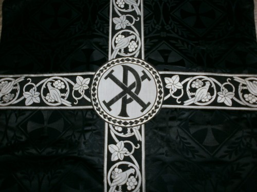 ANCIENNE CHASUBLE NOIRE+ETOLE+MANIPULE+BOURSE+VOILE DE CALICE/CHRISME/H.102 cm - Picture 12 of 12