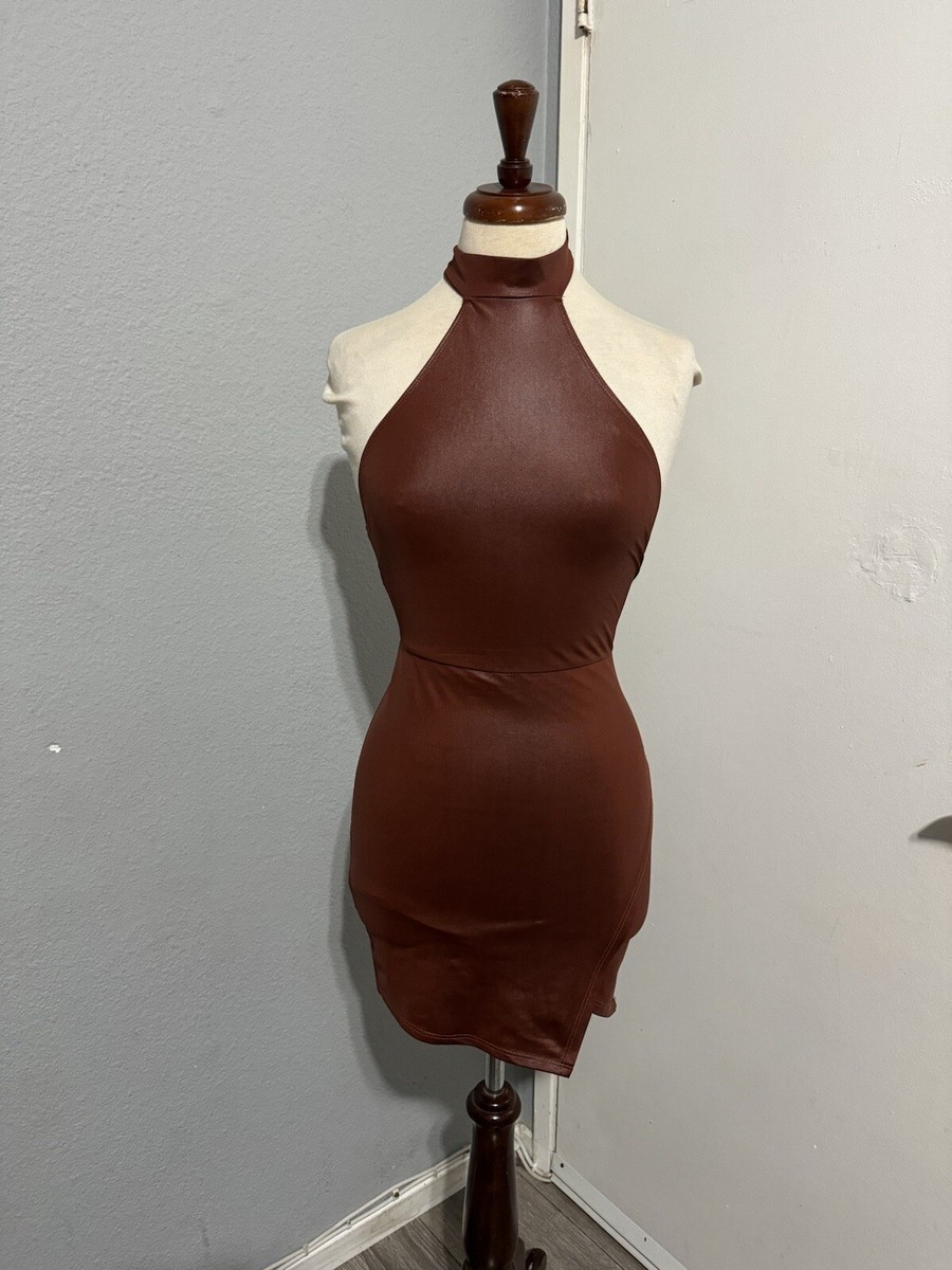 SHEIN Rust Brown Asymmetrical Hem Open Back PU leather Bodycon Party Dress Sz XS SHEIN Rust Brown Asymmetrical Hem Open Back PU leather Bodycon Party Dress Sz XS