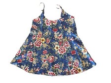 Vtg 80s DELICATES Dark Blue FLORAL Satin Nightgown Lingerie Women's Sz Large