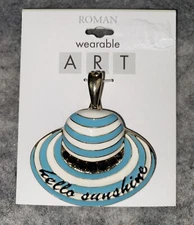 Wearable Art Pendant By Roman 2” Hello Sunshine Hat Blue White Rhinestones NEW