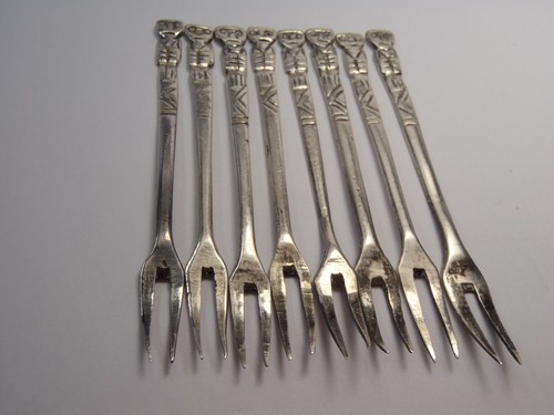 SELTEN ANTIK 925 Mexikanische Silber Oliven Plektren/Cocktail Gabeln Set 8 Figuren/Maya? - Bild 18 von 22
