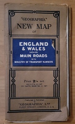 Vintage Geographia New Map of England & Wales Showing Main Roads  