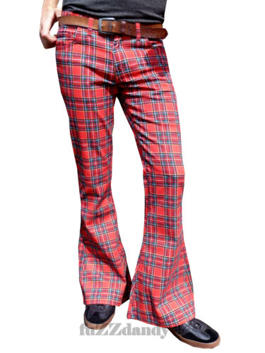 FLARES Tartan Rouge Homme Bas Cloche Bas Hippie Vintage Pantalon Indie Années 60 Glam  - Photo 1 sur 3