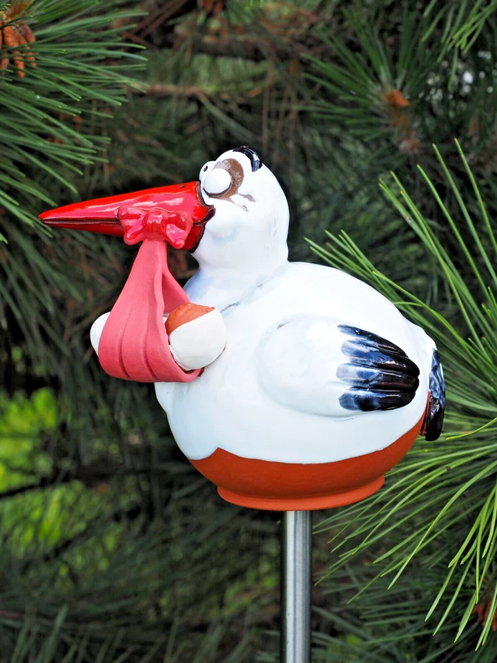 Keramik Gartenkugel Dekoration Statue Vogel Storch H18cm Midene Handgefertigt - Bild 2 von 4