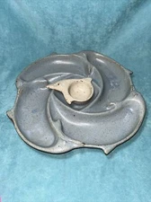 Tom Chamberlain Pottery Glazed Stoneware Dolphin Dip Server with one cond bowl