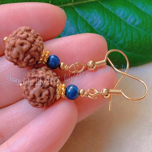 Alternate view of Genuine Natural Brown Rudraksha Bodhi Round Lapis Lazuli Beads Dangle Earrings