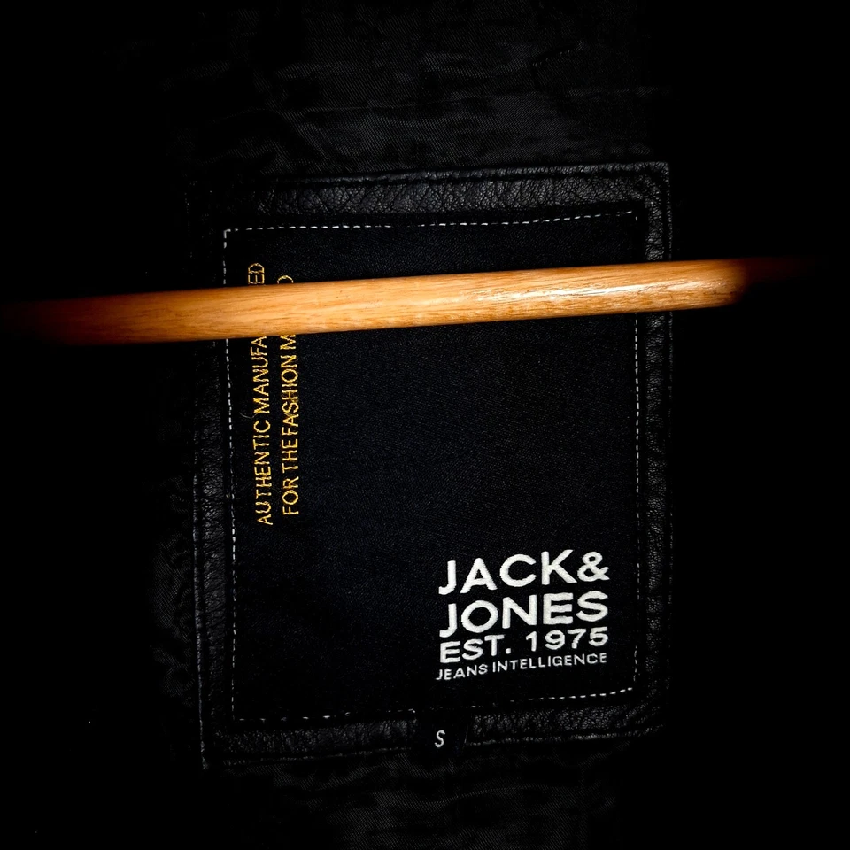 JACK & JONES Men's Bomber Leather Jacket Size S Black Full Zip Ribbed Hem MARINE - Image 4 of 4