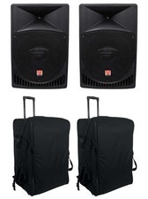  2 Rockville RPG15 15" Powered 1000 Watt DJ PA Speakers 2 Rolling Travel Bags