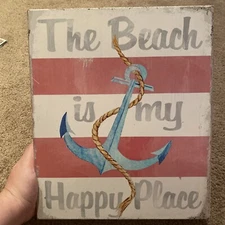 "The Beach is My Happy Place" Wood Wall Decor Plaque Nautical Sign 12 X 10
