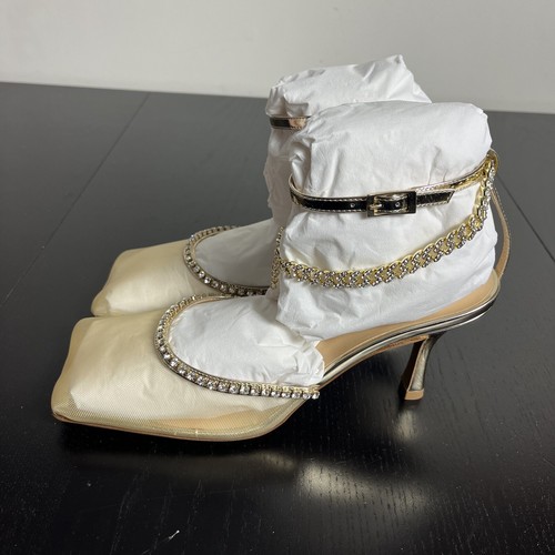 NALEBE Womens Size 39.5 (US 8.5) Gold Stellar Pump Heels in Mesh Square Toe NEW - Picture 4 of 11